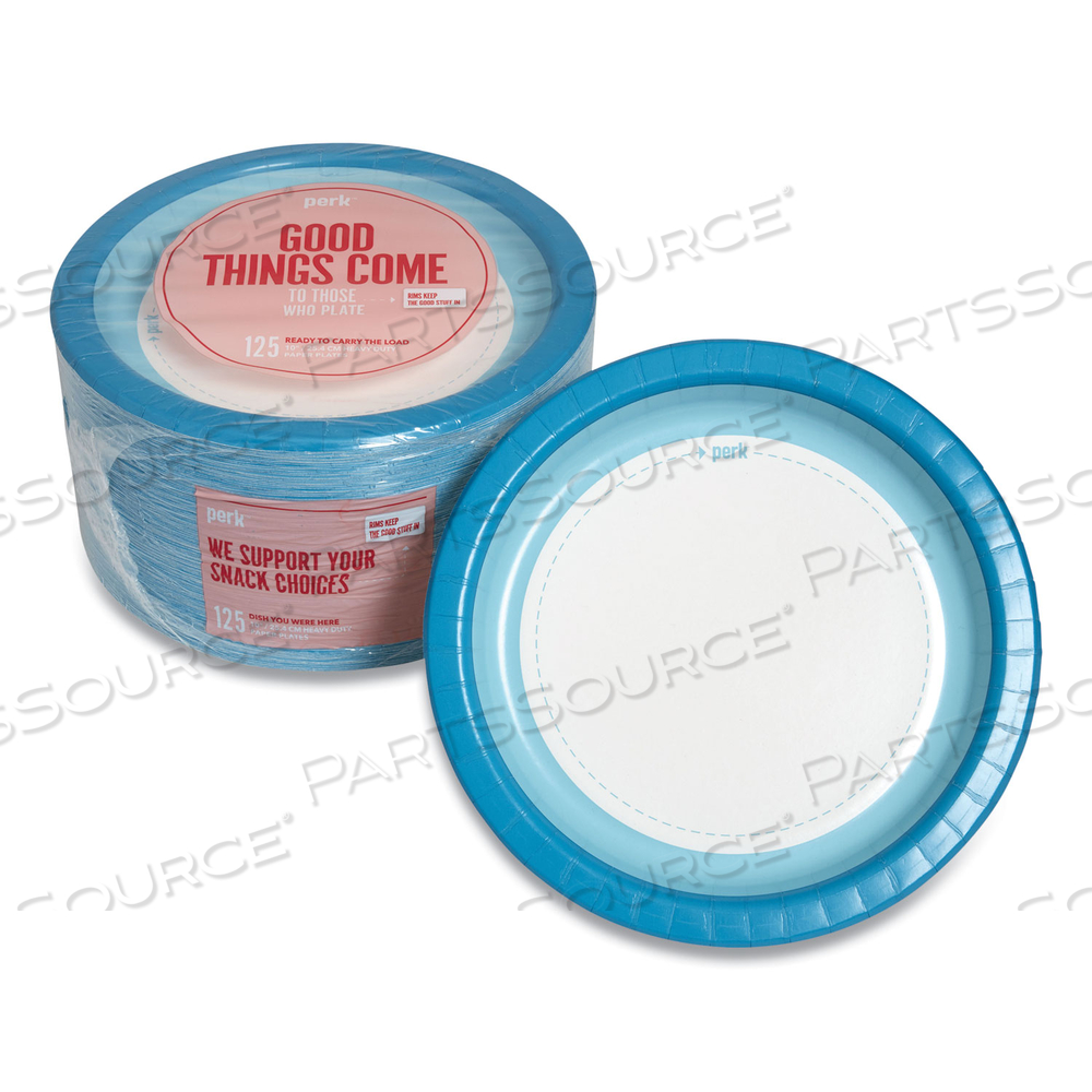 HEAVY-WEIGHT PAPER PLATES, 10" DIA, WHITE/BLUE, 125 PACK 