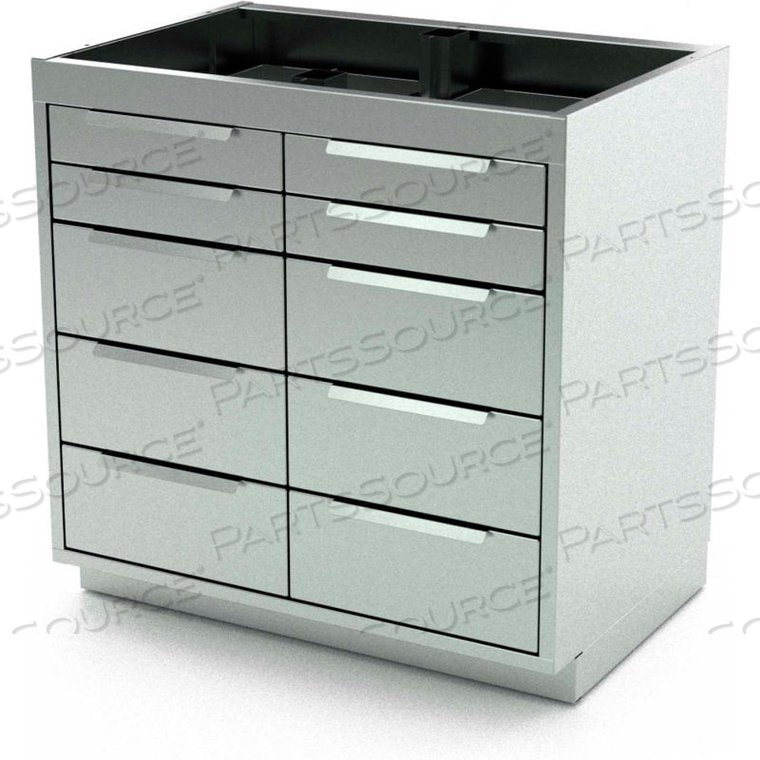 STAINLESS STEEL BASE CABINET, 10 DRAWERS, 36"W X 21"D X 36"H 