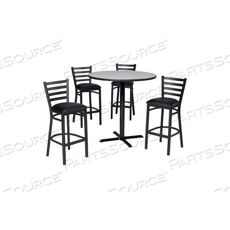 PREMIER HOSPITALITY 36" SQUARE TABLE & BARSTOOLS W/ LADDER BACK - NEPAL TEAK/BLACK VINYL by Phoenix Office Furn. PREMIER HOSPITALITY 36" SQUARE TABLE & BARSTOOLS W/ LADDER BACK - NEPAL TEAK/BLACK VINYL by Phoenix Office Furn.