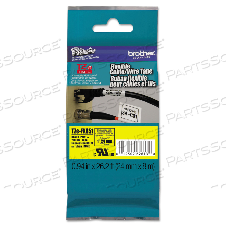 TZE FLEXIBLE TAPE CARTRIDGE FOR P-TOUCH LABELERS, 0.94" X 26.2 FT, BLACK ON YELLOW by Brother