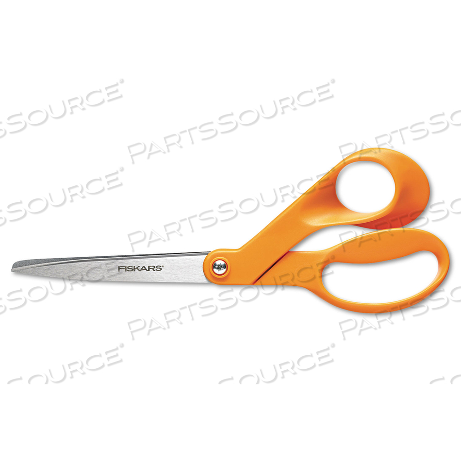 HOME AND OFFICE SCISSORS, 8" LONG, 3.5" CUT LENGTH, ORANGE OFFSET HANDLE 