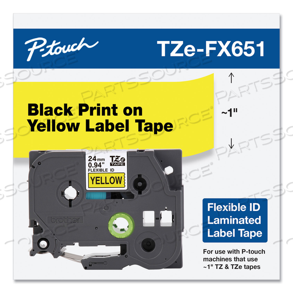 TZE FLEXIBLE TAPE CARTRIDGE FOR P-TOUCH LABELERS, 0.94" X 26.2 FT, BLACK ON YELLOW by Brother