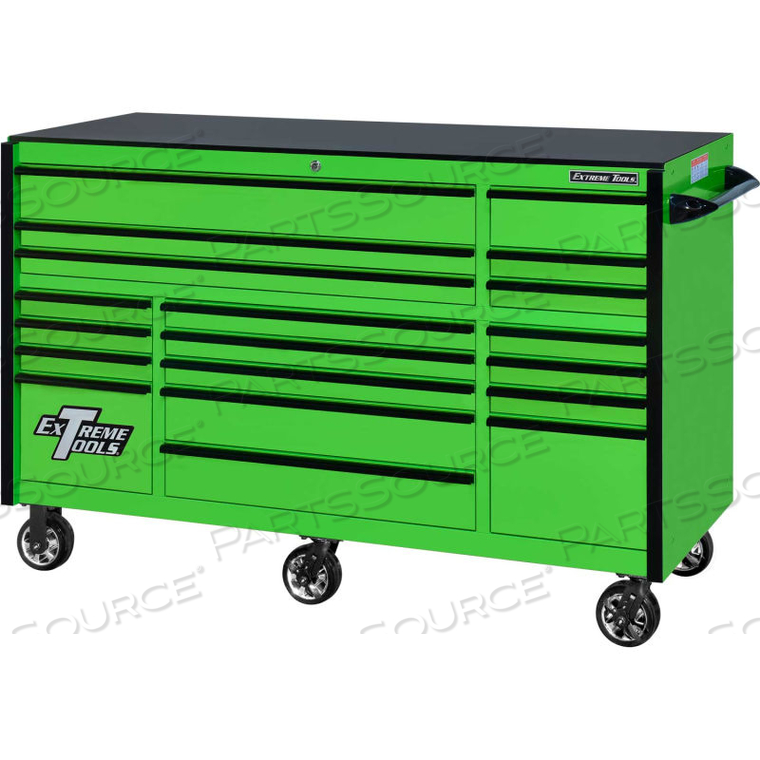 72" 19 DRAWER GREEN TRIPLE BANK ROLLER CABINET by Extreme Tools Inc. 72" 19 DRAWER GREEN TRIPLE BANK ROLLER CABINET by Extreme Tools Inc.