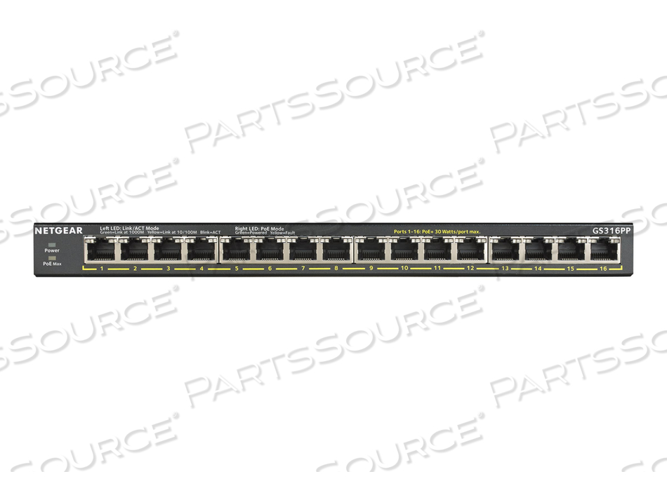 GS316PP, SWITCH, UNMANAGED, 16 X 10/100/1000 (POE+), DESKTOP, WALL-MOUNTABLE, POE+ (183 W) by Netgear
