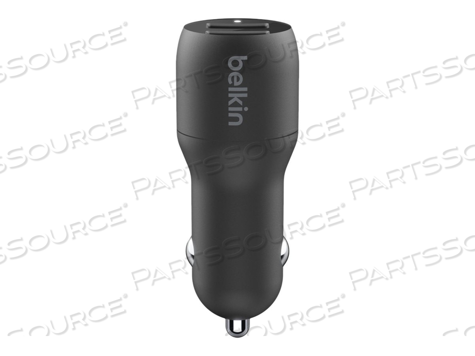 BOOST CHARGE DUAL CHARGER, CAR POWER ADAPTER, 24 WATT, 4.8 A, 2 OUTPUT CONNECTORS (USB), ON CABLE: LIGHTNING, BLACK by Belkin