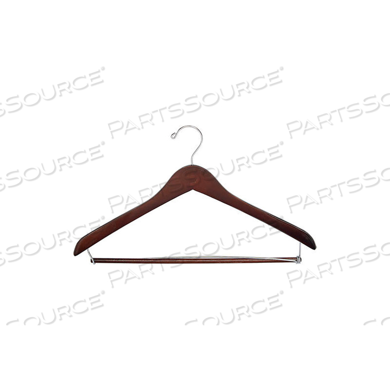 17" WOOD HANGER FOR MEN'S SUIT, STANDARD HOOK, WALNUT W/ CHROME HARDWARE, 100/CASE by Beverly Coat Hangers Co Inc 17" WOOD HANGER FOR MEN'S SUIT, STANDARD HOOK, WALNUT W/ CHROME HARDWARE, 100/CASE by Beverly Coat Hangers Co Inc
