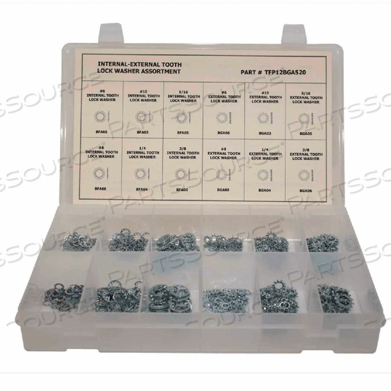 520 PIECE INTERNAL/EXTERNAL TOOTH LOCK WASHER ASSORTMENT - #6 TO 3/8" - STEEL - ZINC by Titan Fasteners