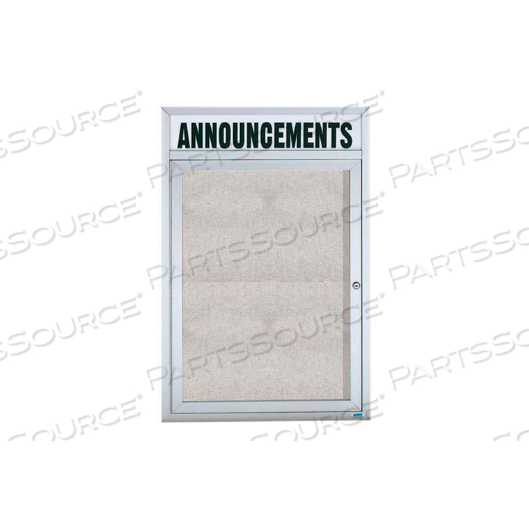 1 DOOR ENCLOSED ALUMINUM FRAMED BULLETIN BOARD W/ HEADER - 36"W X 48"H 