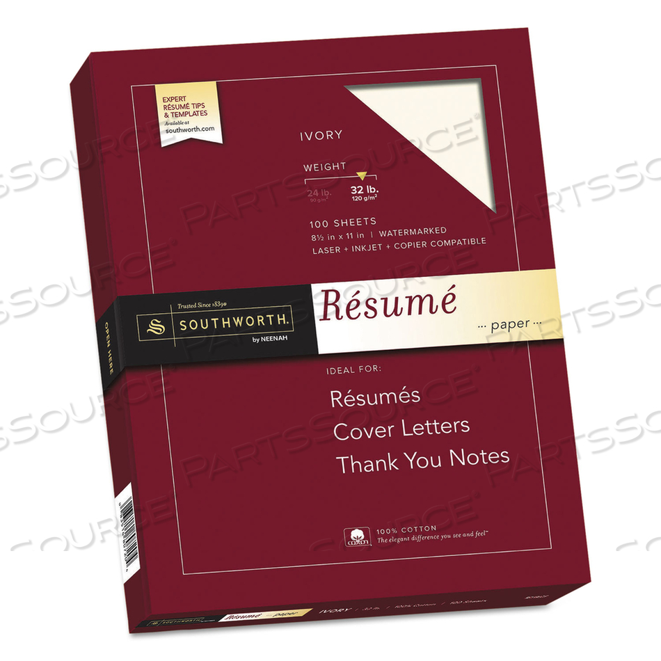 100% COTTON RESUME PAPER, 32 LB BOND WEIGHT, 8.5 X 11, IVORY by SOUTHWORTH PRODUCTS CORP