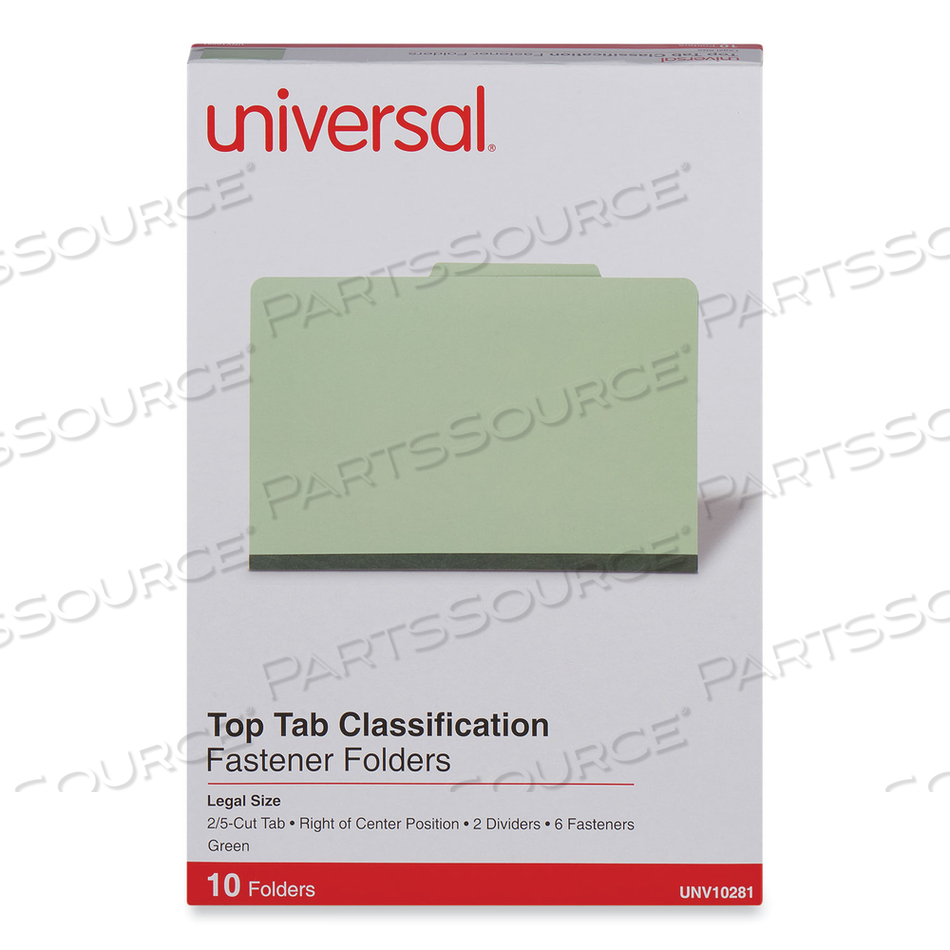 SIX-SECTION PRESSBOARD CLASSIFICATION FOLDERS, 2" EXPANSION, 2 DIVIDERS, 6 FASTENERS, LEGAL SIZE, GREEN EXTERIOR by Universal