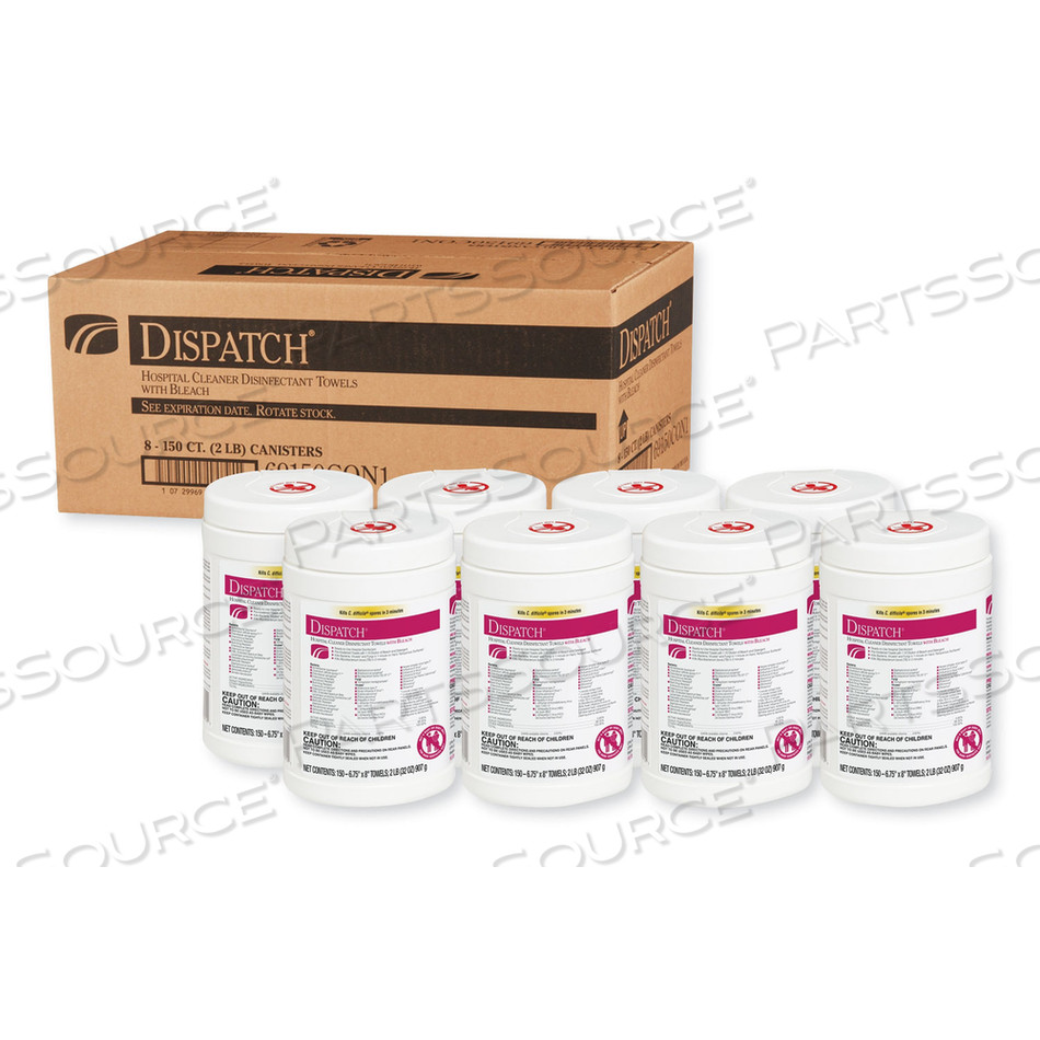 DISPATCH CLEANER DISINFECTANT TOWELS, 6.75 X 8, UNSCENTED, 150/CANISTER by Clorox