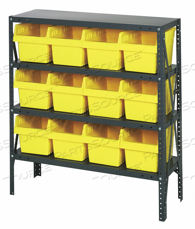 1839-SB808 STEEL SHELVING WITH 12 8"H PLASTIC SHELF BINS YELLOW, 36X18X39-SB4 SHELVES by Quantum Storage Systems 1839-SB808 STEEL SHELVING WITH 12 8"H PLASTIC SHELF BINS YELLOW, 36X18X39-SB4 SHELVES by Quantum Storage Systems