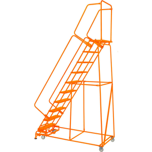 PERFORATED 24"W 10 STEP STEEL ROLLING LADDER 21"D TOP STEP W/ HANDRAILS LOCK STEP ORANGE by Ballymore