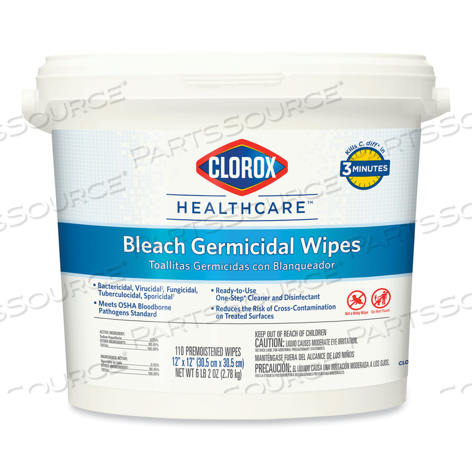 BLEACH GERMICIDAL WIPES, 12 X 12, UNSCENTED, 110/CANISTER by Clorox