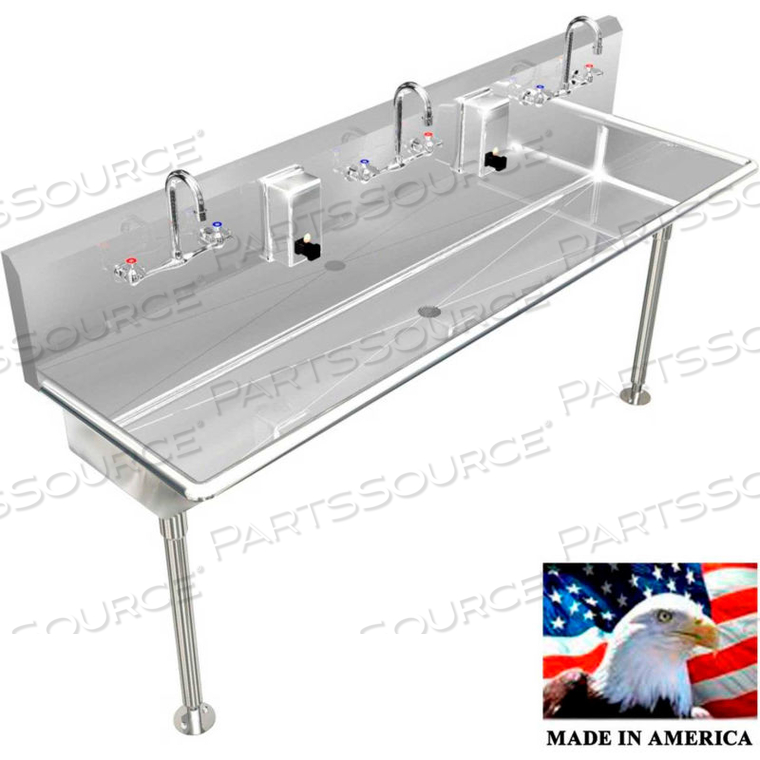 STAINLESS STEEL SINK, 3 STATION W/MANUAL FAUCETS, STRAIGHT LEGS 72"L X 20"W X 8"D by Best Sheet Metal, Inc.