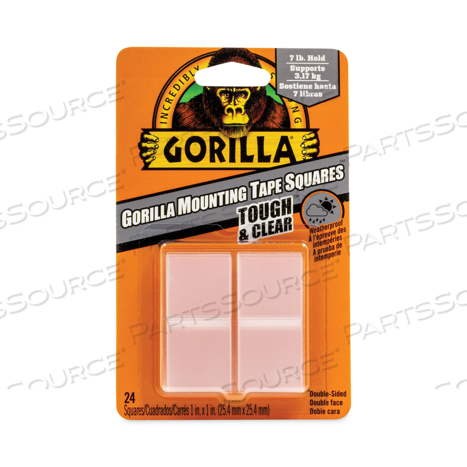 TOUGH AND CLEAR DOUBLE-SIDED MOUNTING TAPE, HOLDS UP TO 0.58 LB PER PAIR (UP TO 7 LB PER 24), 1" X 1", CLEAR by Gorilla Glue TOUGH AND CLEAR DOUBLE-SIDED MOUNTING TAPE, HOLDS UP TO 0.58 LB PER PAIR (UP TO 7 LB PER 24), 1" X 1", CLEAR by Gorilla Glue