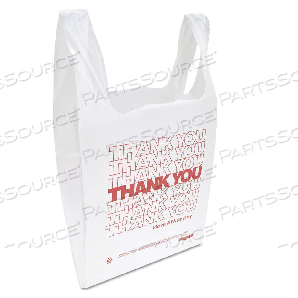 "THANK YOU" HANDLED T-SHIRT BAG, 0.167 BBL, 12.5 MICRONS, 11.5" X 21", WHITE by Inteplast Group "THANK YOU" HANDLED T-SHIRT BAG, 0.167 BBL, 12.5 MICRONS, 11.5" X 21", WHITE by Inteplast Group