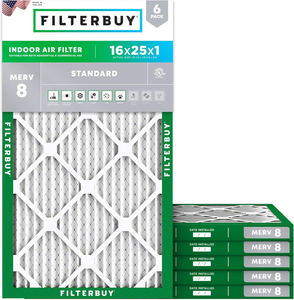 PLEATED HVAC FURNACE AIR FILTER, MERV 8, 16X25X1, PACKAGE OF 6 by Filterbuy, Inc. PLEATED HVAC FURNACE AIR FILTER, MERV 8, 16X25X1, PACKAGE OF 6 by Filterbuy, Inc.