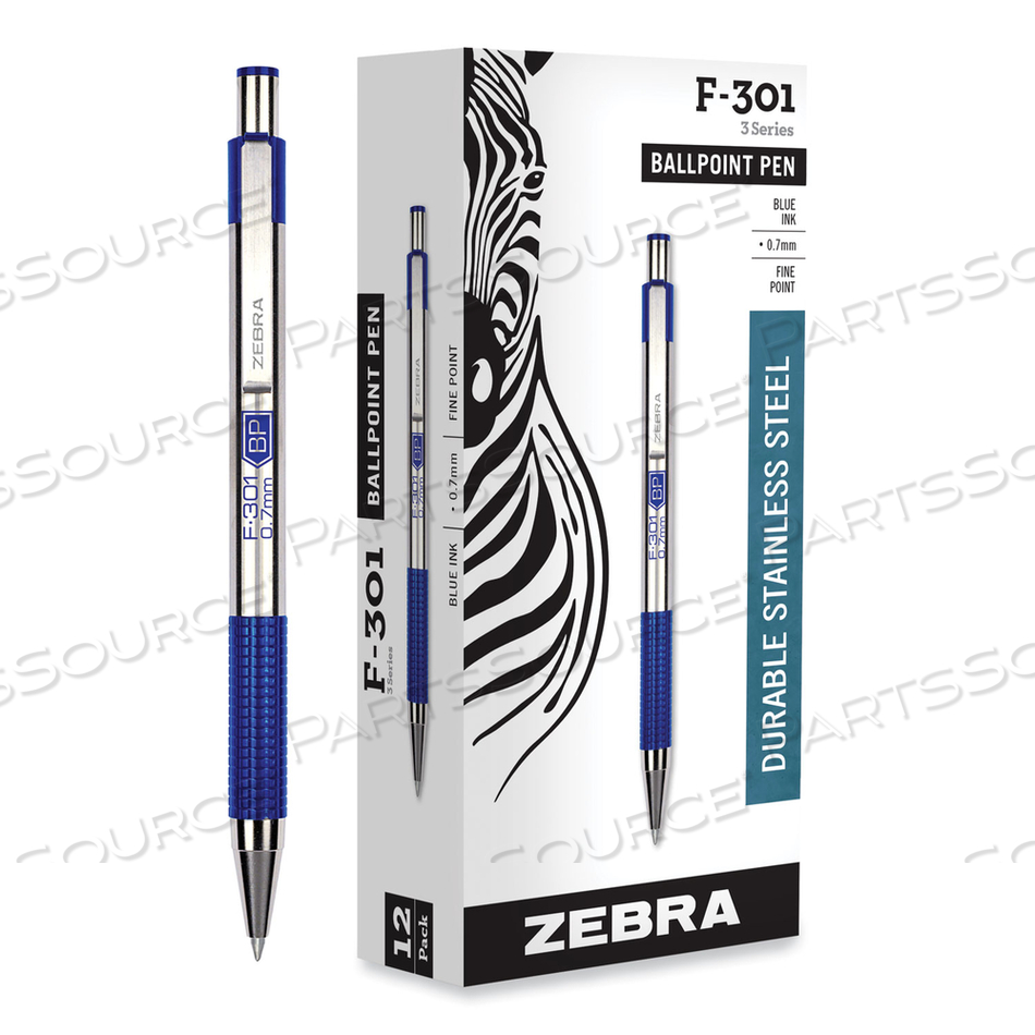 F-301 BALLPOINT PEN, RETRACTABLE, FINE 0.7 MM, BLUE INK, STAINLESS STEEL/BLUE BARREL by Zebra Pen Corporation