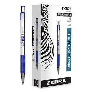 F-301 BALLPOINT PEN, RETRACTABLE, FINE 0.7 MM, BLUE INK, STAINLESS STEEL/BLUE BARREL by Zebra Pen Corporation F-301 BALLPOINT PEN, RETRACTABLE, FINE 0.7 MM, BLUE INK, STAINLESS STEEL/BLUE BARREL by Zebra Pen Corporation