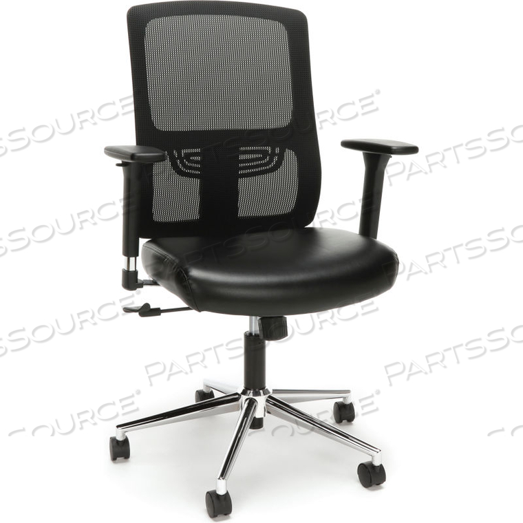 ESSENTIALS COLLECTION MID BACK MESH BACK WITH LEATHER SEAT OFFICE CHAIR, LUMBAR SUPPORT, BLACK 