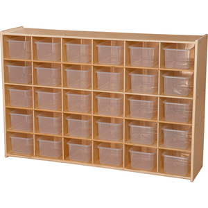30 TRAY CUBBY STORAGE, UNASSEMBLED W/CLEAR TRAYS, 50-3/4"W X 12"D X 33-7/8"H by Wood Designs 30 TRAY CUBBY STORAGE, UNASSEMBLED W/CLEAR TRAYS, 50-3/4"W X 12"D X 33-7/8"H by Wood Designs