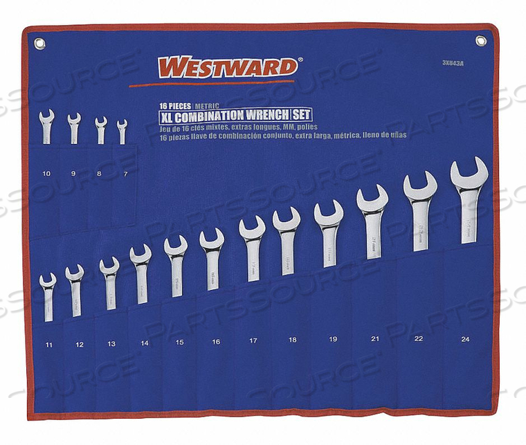 COMBINATION WRENCH SET, ALLOY STEEL, CHROME, NUMBER OF TOOLS 32, RANGE OF HEAD SIZES 1/4 IN TO 1 1/8 IN, 7 MM TO 24 MM, HEAD OFFSET ANGLE 15 by Westward