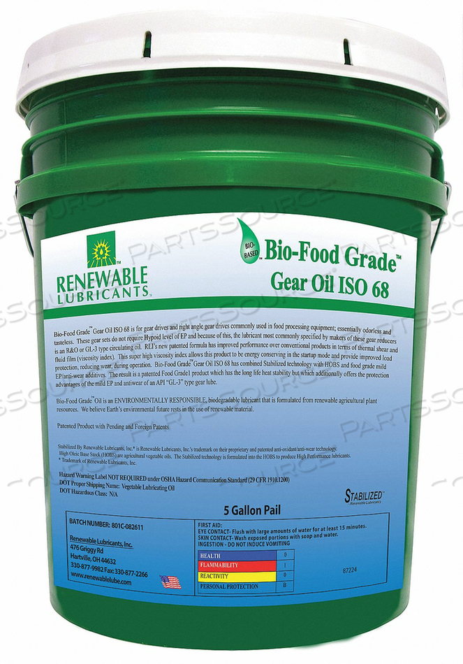 FOOD GRADE GEAR OIL 5 GAL by Renewable Lubricants FOOD GRADE GEAR OIL 5 GAL by Renewable Lubricants