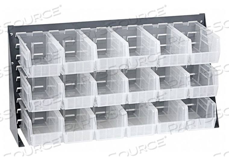 LOUVERED BENCH RACK 19 H 18 BINS CLEAR by Quantum Storage Systems LOUVERED BENCH RACK 19 H 18 BINS CLEAR by Quantum Storage Systems