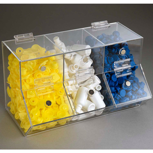 3-COMPARTMENT CLEAR ACRYLIC DISPENSING BIN WITH MAGNETS ON HOPPER DOORS by Ftr Enterprises