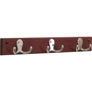 WALL MOUNTED COAT RACK, 3 DOUBLE PRONG HOOK RAIL, NICKEL/MAHOGANY by Wooden Mallet