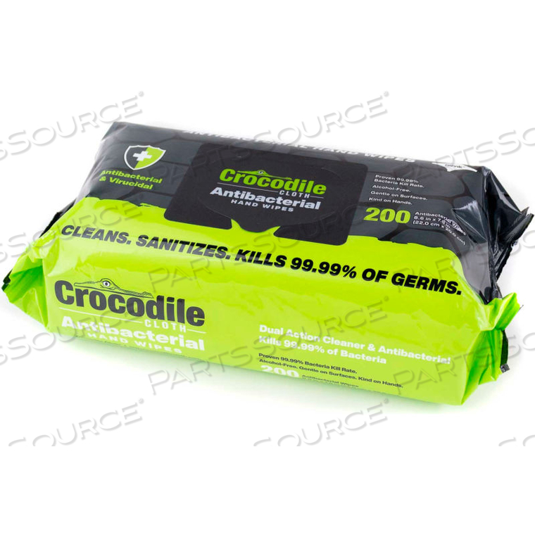 CROCODILE CLOTH ANTIBACTERIAL SANITIZER HAND WIPES, 7.9" X 8.7" WIPES, 200 WIPES/POUCH 