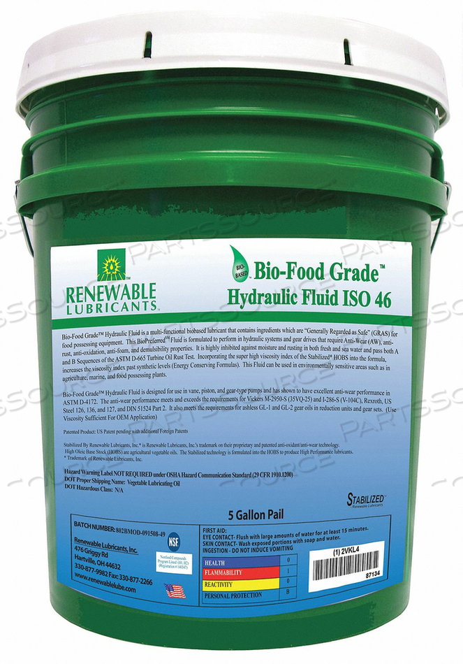 BIO-FOOD GRADE HYDRAULIC FLUID 5 GAL 46 by Renewable Lubricants BIO-FOOD GRADE HYDRAULIC FLUID 5 GAL 46 by Renewable Lubricants
