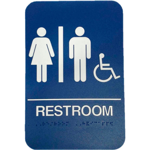WOMEN'S/MEN'S/HANDICAP ADA SIGN, 6" X 9", BLUE WITH RAISED WHITE LETTERING by Don-Jo Mfg., Inc.