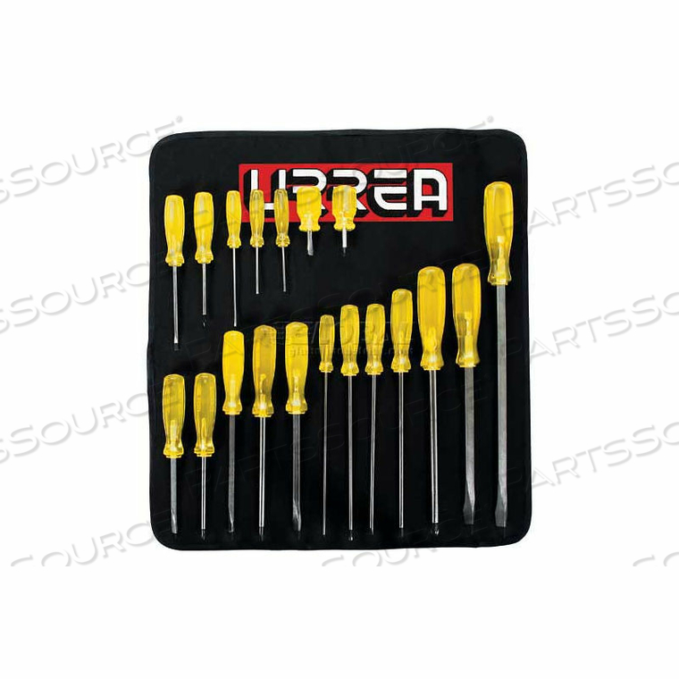 AMBER HANDLE SCREWDRIVER SET, FLAT, CABINET & PHILLIPS TIP, 19 PIECES by Urrea Professional Tools