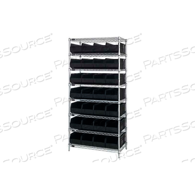 WR8-463 CHROME WIRE SHELVING WITH 28 SSB463 STACKABLE SHELF BINS BLACK, 36X18X74 by Quantum Storage Systems WR8-463 CHROME WIRE SHELVING WITH 28 SSB463 STACKABLE SHELF BINS BLACK, 36X18X74 by Quantum Storage Systems