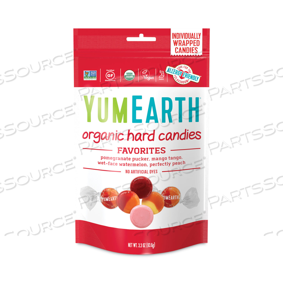 ORGANIC FAVORITE FRUIT HARD CANDIES, 3.3 OZ BAG, ASSORTED FLAVORS, 3 BAGS/PACK 