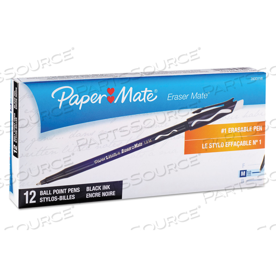 ERASER MATE BALLPOINT PEN, STICK, MEDIUM 1 MM, BLACK INK, BLACK BARREL by Paper Mate