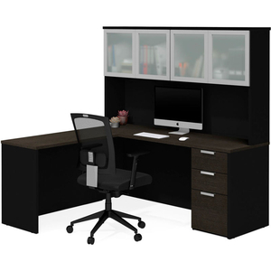 L-DESK WITH FROSTED GLASS DOOR HUTCH - DEEP GRAY AND BLACK - PRO-CONCEPT PLUS SERIES by Bestar Technologies, Inc.