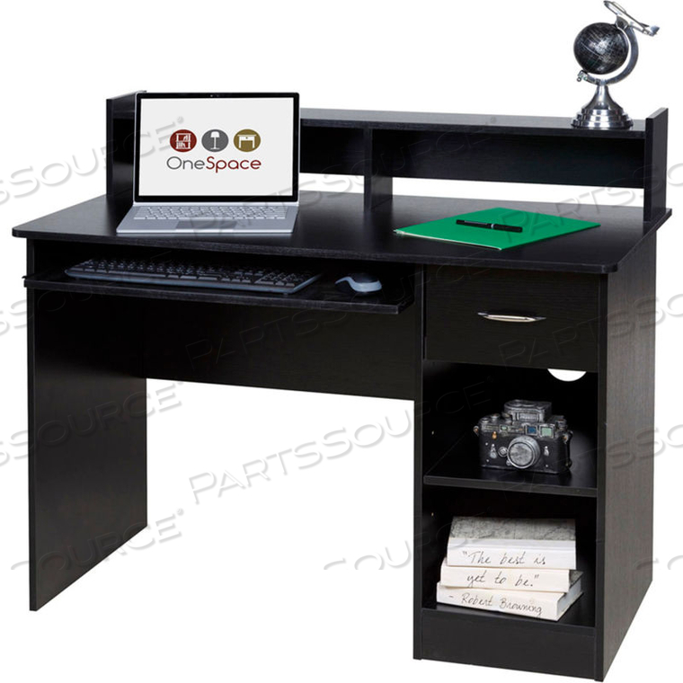 ONESPACE ESSENTIAL COMPUTER DESK, HUTCH WITH PULL-OUT KEYBOARD, BLACK 