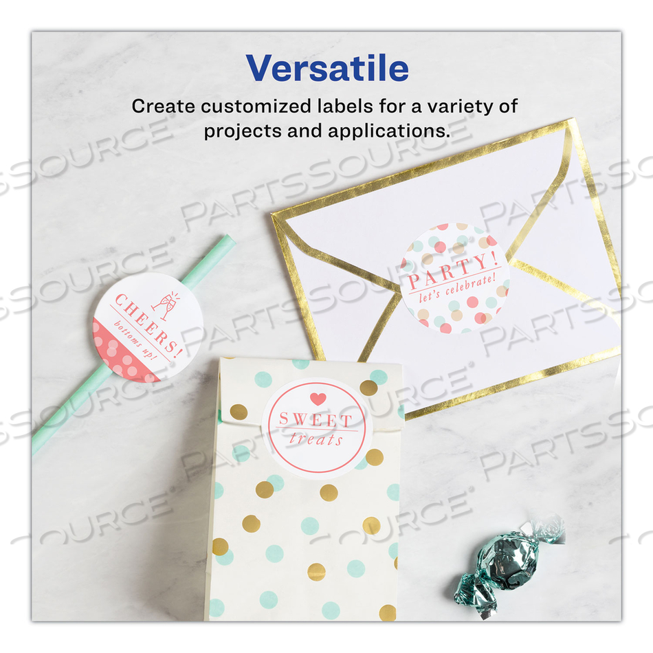 ROUND PRINT-TO-THE EDGE LABELS WITH SUREFEED, 2.5" DIA, GLOSSY WHITE by Avery ROUND PRINT-TO-THE EDGE LABELS WITH SUREFEED, 2.5" DIA, GLOSSY WHITE by Avery