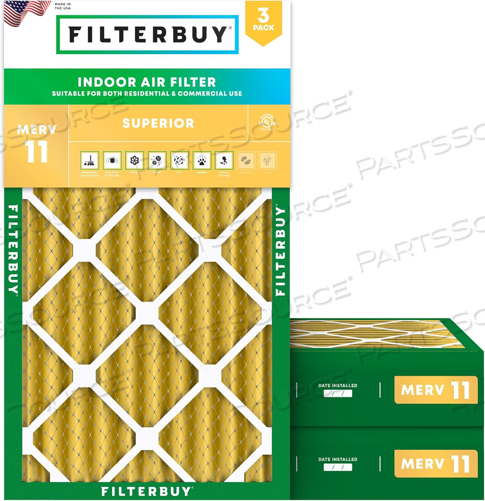 FILTERBUY 16X25X4 AIR FILTER MERV 11 ALLERGEN DEFENSE (3-PACK), PLEATED HVAC AC FURNACE AIR FILTERS REPLACEMENT (ACTUAL SIZE: 15.50 X 24.50 X 3.63 INCHES) 