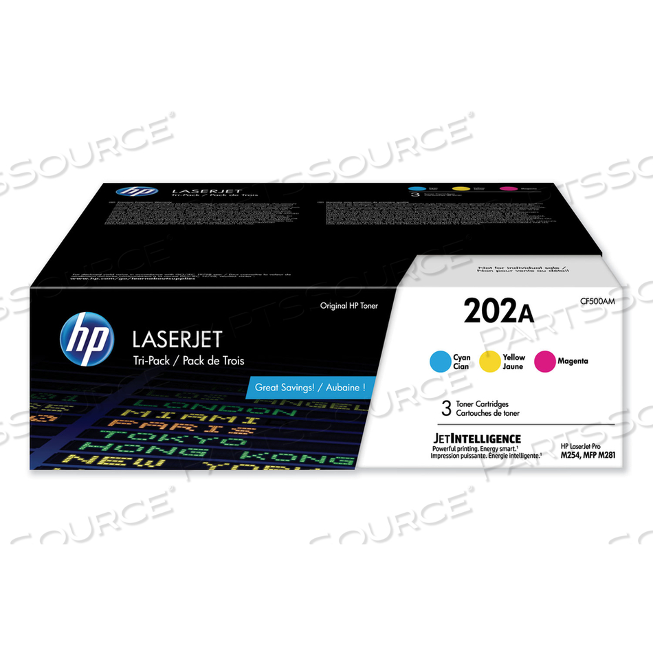 HP 202A, (CF500A-M) 3-PACK CYAN/MAGENTA/YELLOW ORIGINAL LASERJET TONER CARTRIDGES by HP (Hewlett-Packard)