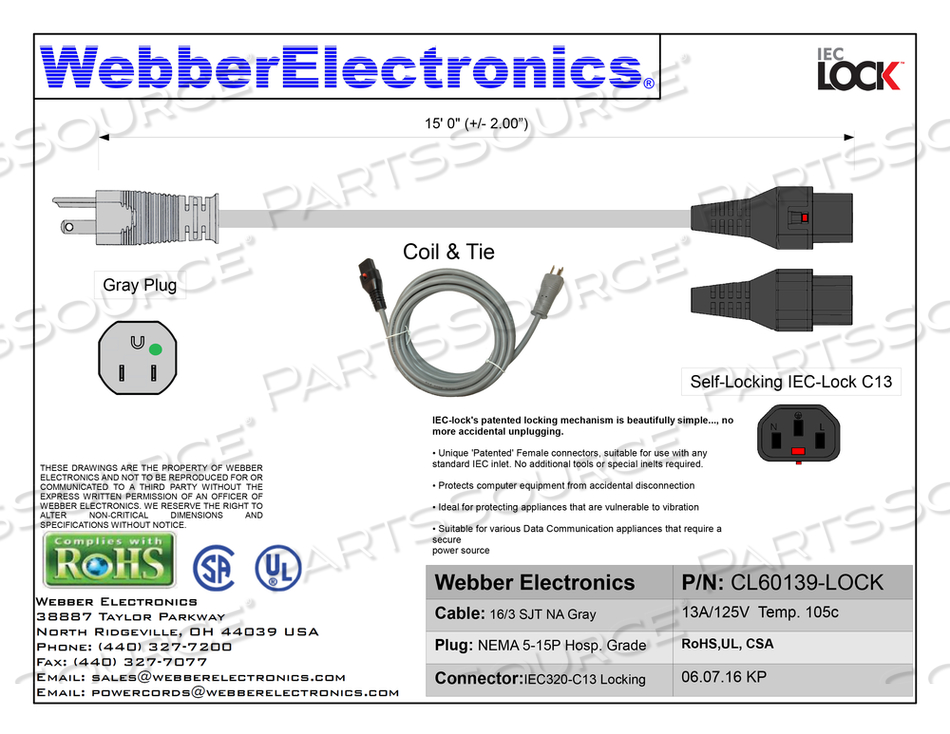 3 SJT HOSPITAL GRADE POWER CORD, GRAY JACKET, 16 AWG, 120 VAC, 15 A, NEMA 5-15P GRAY, IECLOCK IEC320 C13 BLACK, 15 FT by Webber Electronics