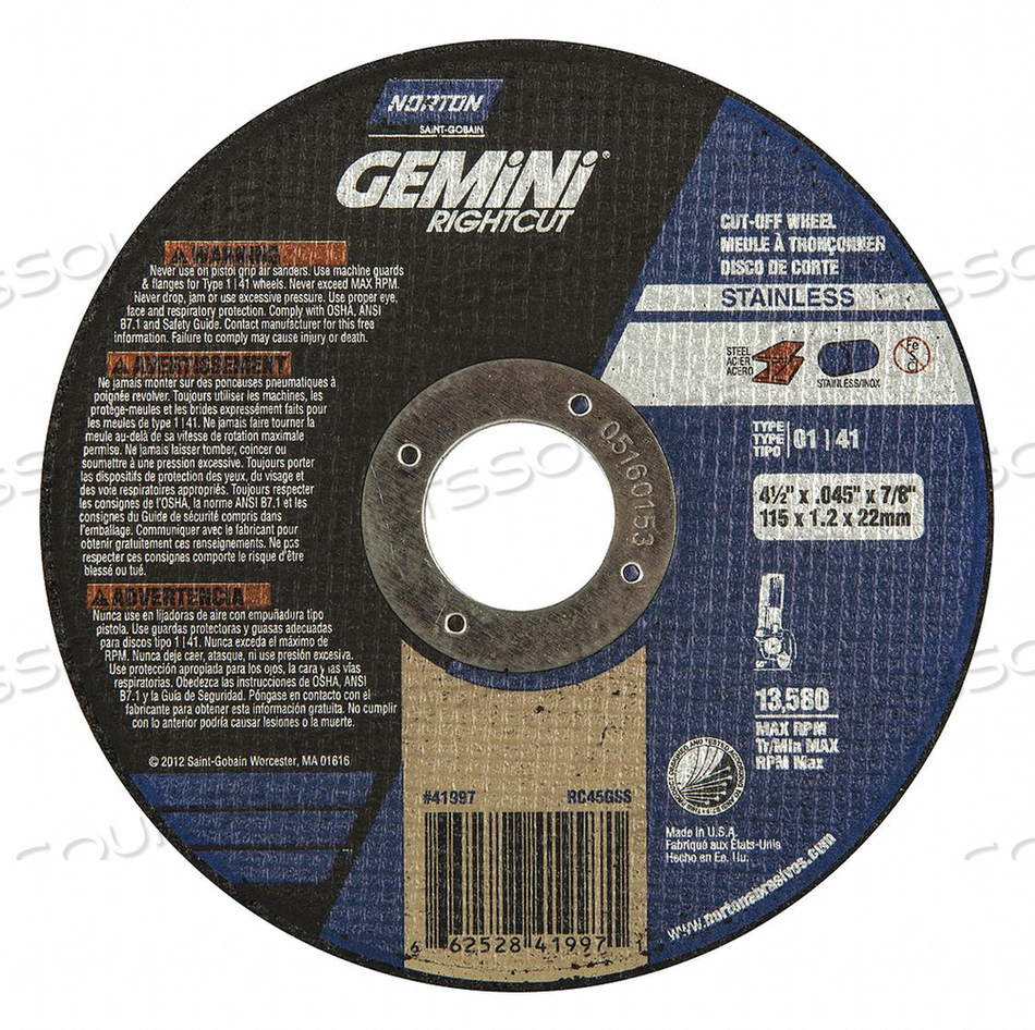 ABRASIVE CUT-OFF WHEEL TYPE 41 GRIT 36 by Norton | Saint-Gobain Abrasives