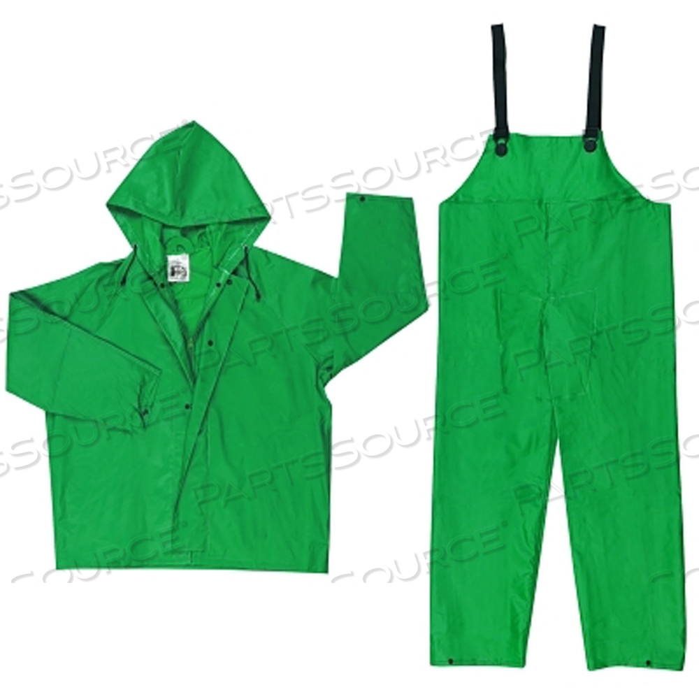 TWO-PIECE RAIN SUIT, JACKET W/HOOD, BIB PANTS, 0.42 MM PVC/POLY, GREEN, 4X-LARGE by MCR Safety TWO-PIECE RAIN SUIT, JACKET W/HOOD, BIB PANTS, 0.42 MM PVC/POLY, GREEN, 4X-LARGE by MCR Safety