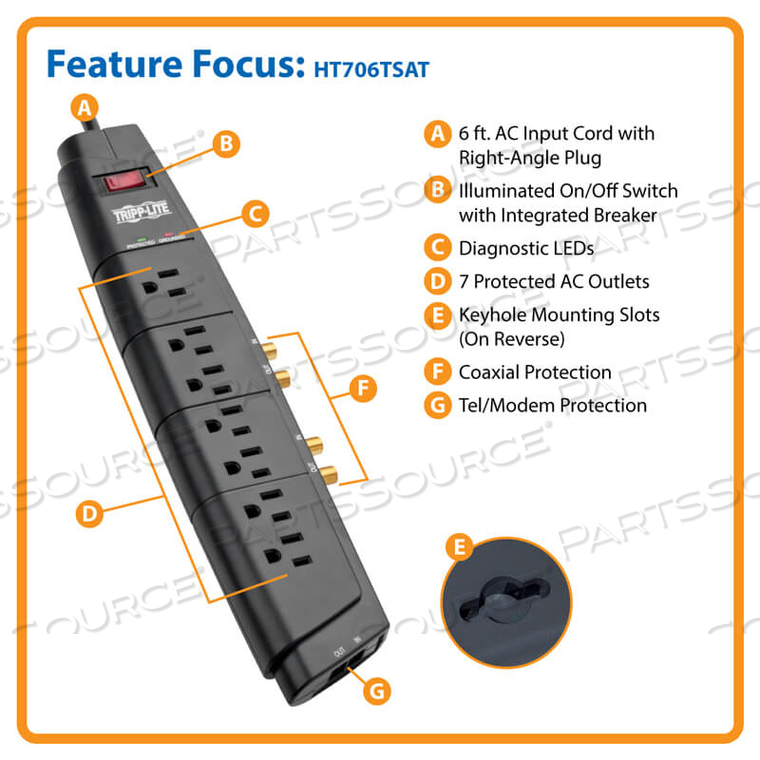 HOME THEATER SURGE PROTECTOR STRIP 7 OUTLET RJ11 COAX 6FT CORD 