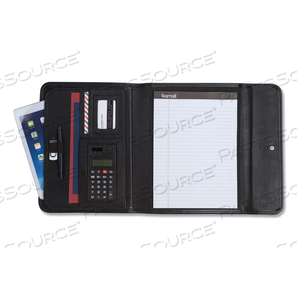 PROFESSIONAL TRI-FOLD PADFOLIO W/CALCULATOR, WRITING PAD, VINYL, BLACK 