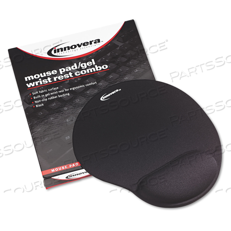 MOUSE PAD WITH FABRIC-COVERED GEL WRIST REST, 10.37 X 8.87, BLACK by Innovera