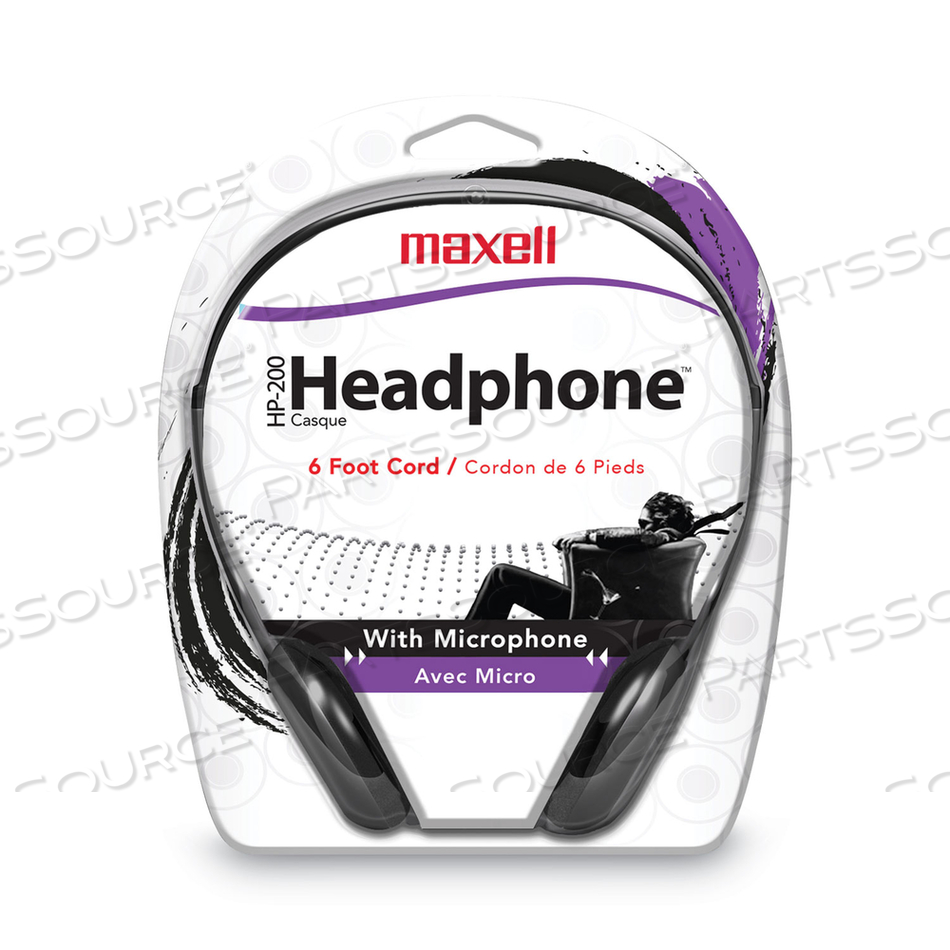 HP200 HEADPHONE WITH MICROPHONE, 6 FT CORD, BLACK by Maxell